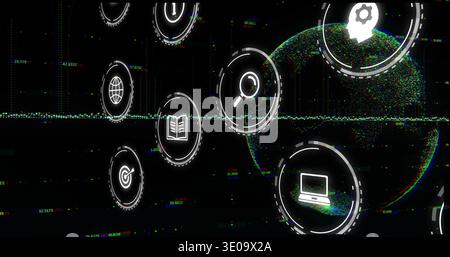 Rotating large point-cloud globe moving in dark virtual data field, showing UI icons and RGB noise Stock Photo