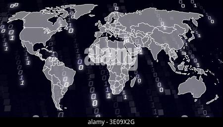 Floating gray world map with white borders over tiled grid, streaming binary digits and glow Stock Photo