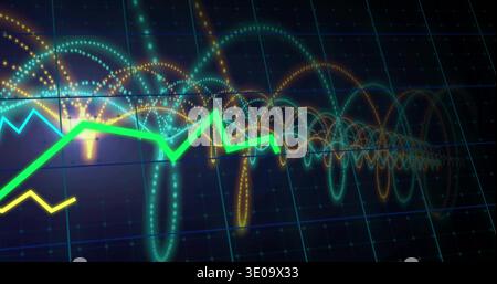 Displaying neon green jagged plot traversing left toward center on dark grid, with cyan arcs Stock Photo
