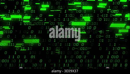Streaming glowing green binary digits moving across digital field, with neon bars and pixels Stock Photo