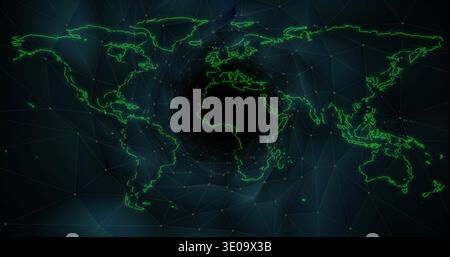 Displaying neon green outlines, polygon mesh and glowing nodes on dark digital grid, showing vortex Stock Photo