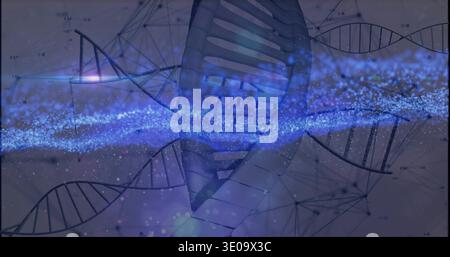 Displaying stylized double helix centering in biotech graphic, with blue stream, schematics, flares Stock Photo