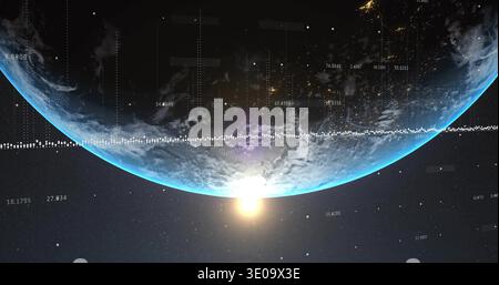 Displaying planet Earth rotating above near-Earth orbit, showing sunrise and data overlays Stock Photo