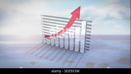 Rising translucent 3D bar chart showing growth on beach shoreline, with red arrow and tick marks Stock Photo