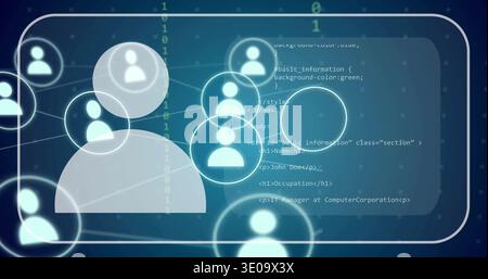 Displaying large glowing user avatar in network interface, with nodes, lines, code panel Stock Photo