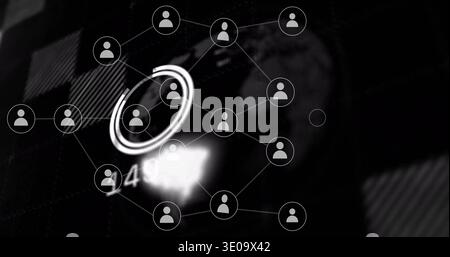 Displaying circular user icons linked by thin lines on dark device screen, showing ringed node 49 Stock Photo