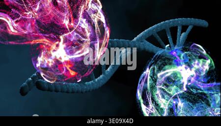 Twisting DNA-like double helix stretching in molecular void, with magenta and teal spheres, specks Stock Photo