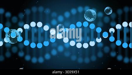 Displaying stylized DNA helix spanning biotech illustration, with translucent droplets and bokeh Stock Photo