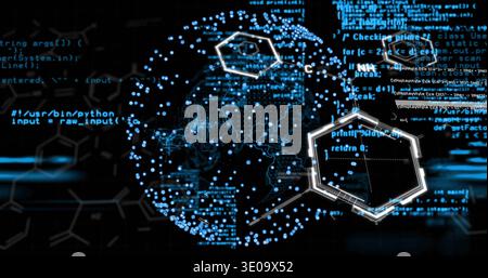 Displaying central data globe pulsing in virtual UI, with hex HUD, Python code, circuit traces Stock Photo
