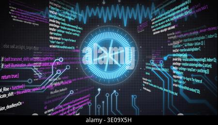 Pulsing central holographic HUD projecting waveform over virtual grid, showing flowing code columns Stock Photo