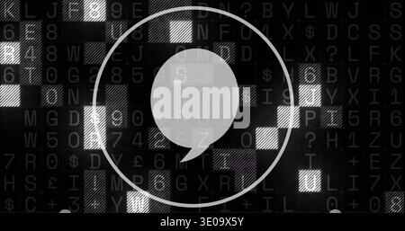 Displaying centered speech bubble with thin ring circling it on tiled grid, showing data symbols Stock Photo