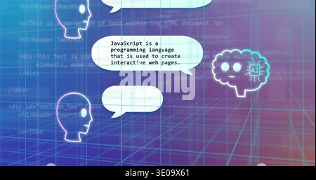 Displaying white speech bubble teaching JavaScript on neon grid with faint code, heads and AI brain Stock Photo