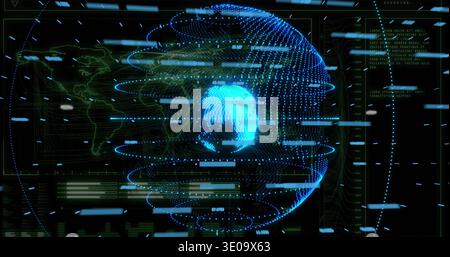 Showing holographic globe rotating inside HUD, with rings, glitch streaks, green wireframe map Stock Photo