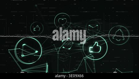 Floating teal-glowing social icon nodes linking in virtual network, showing waveform and particles Stock Photo