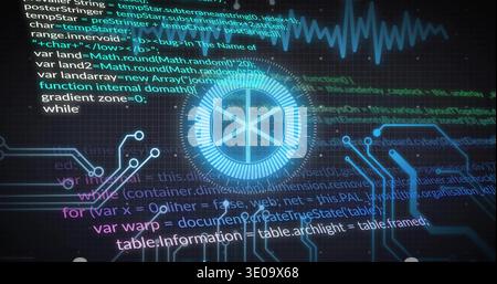 Showing central circular HUD rotating in system dashboard, showing ECG waveform, code, circuit grid Stock Photo