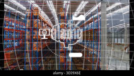 Displaying central orange blue pallet racking leading down warehouse aisle, with AI cloud overlay Stock Photo