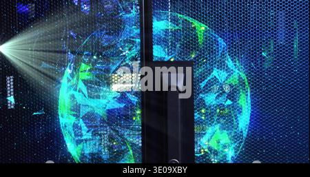 Displaying rack front with central handle and hexagonal-mesh door in server room, showing lit globe Stock Photo