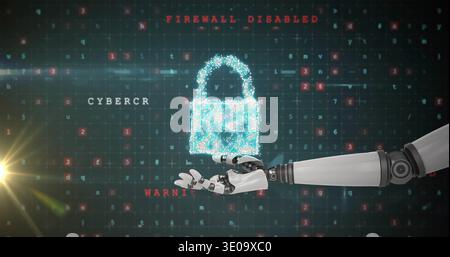 Displaying glowing cyan padlock pulsing at virtual grid center, with robotic arm and red warning Stock Photo