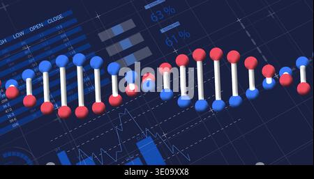 Spanning horizontal 3D DNA double helix stretching across virtual dashboard, showing red blue nodes Stock Photo