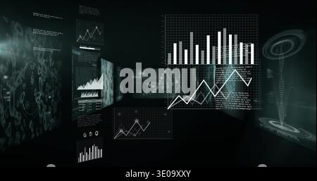 Displaying large gridded panel showing bars and white line in dark virtual space, with helix right Stock Photo