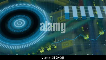 Displaying large blue circular HUD dial glowing over teal grid, with vertical bars, polyline chart Stock Photo