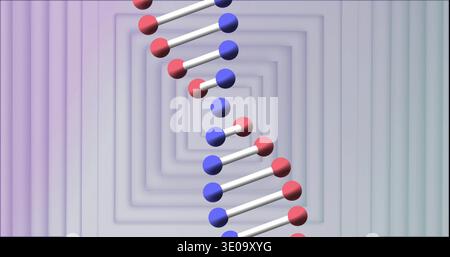 Twisting double-helix floating in 3D tunnel, showing white rods, blue red spheres, panels Stock Photo