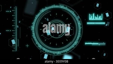 Rotating central HUD glowing on black, showing dotted ring, inner rings, phone icons, ruler Stock Photo