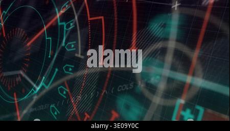 Displaying holographic HUD in virtual interface, showing concentric dial, crosshair, red waveform Stock Photo