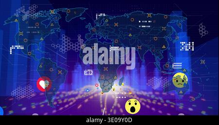 Displaying stylized world map with neon outlines in dashboard, hex clusters, bars, emoji alerts Stock Photo