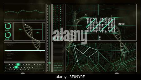 Rendering 3D DNA double helix rotating on-screen workstation HUD, showing line chart and gauges Stock Photo