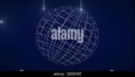 Floating large wireframe sphere hovering over deep navy-blue gradient, with vertical light streaks Stock Photo