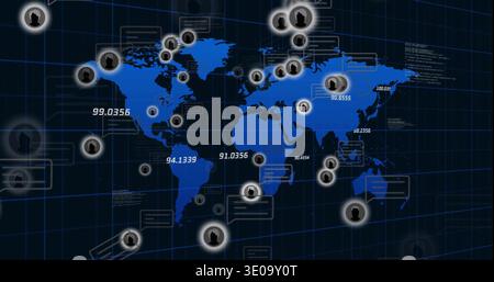 Displaying blue world map projecting glowing user nodes on navy grid dashboard, showing metrics Stock Photo