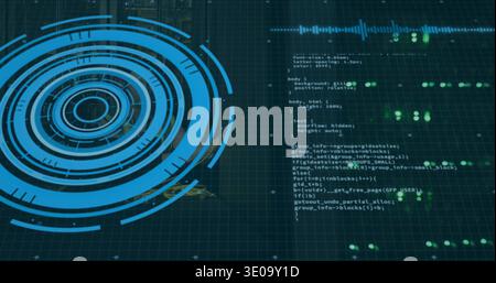 Projecting large blue concentric HUD on left of hologram grid console, with code column, green dots Stock Photo
