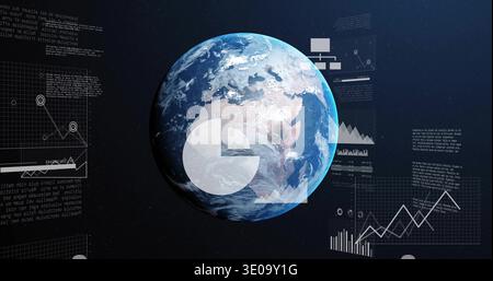 Displaying planet Earth floating in outer space, showing pie-chart overlay, line graphs, bar charts Stock Photo