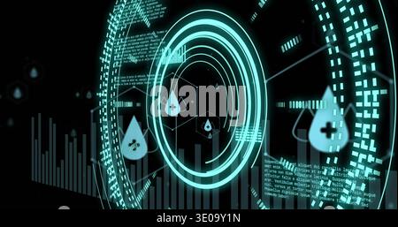 Displaying concentric holographic rings and inner hex glowing in dark void, drops, bars, grid Stock Photo