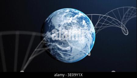 Showing textured planet Earth rotating slowly in outer space, with helix, dotted path, starfield Stock Photo