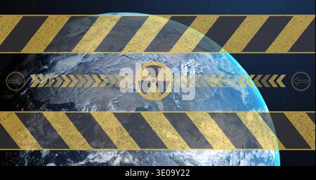 Displaying Earth partly lit from orbit, showing caution stripes, radiation symbol, grunge overlay Stock Photo