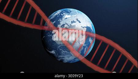 Orbiting planet Earth showing lands, clouds and blue oceans in dark starfield with red DNA helix Stock Photo