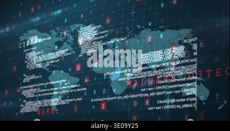 Translucent map displaying code panels on malware alert, highlighting threat tiles across grid Stock Photo