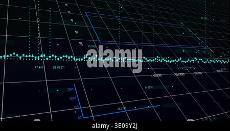 Displaying teal data band across angled grid in 3D analytics dashboard, with numbers and blue boxes Stock Photo