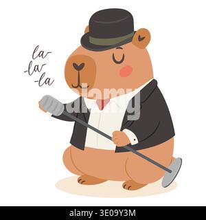 Cute capybara jazz singer performing with microphone in a vintage jazz band cartoon illustration Stock Vector
