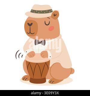 Cute capybara jazz musician playing bongo drum in a vintage jazz band cartoon illustration Stock Vector