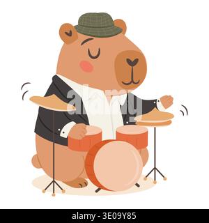 Cute capybara jazz musician playing drumset in a vintage jazz band cartoon illustration Stock Vector