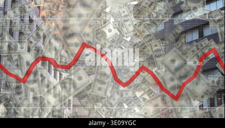 Displaying red jagged trend line cutting across office facades, with grid, dollar bills, markers Stock Photo