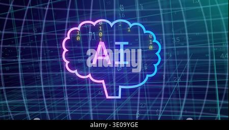 Glowing neon brain outline pulsing in abstract virtual space, showing AI letters and binary digits Stock Photo