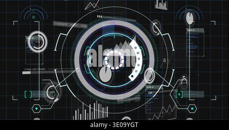 Displaying central concentric reticle with gear-like hub and segmented arcs on dark grid interface Stock Photo