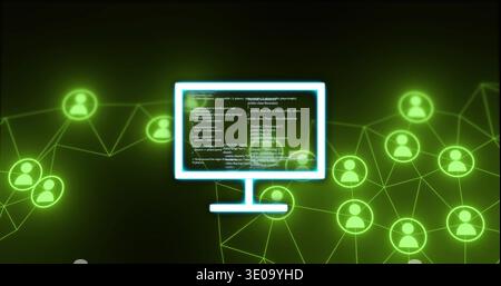 Displaying central monitor icon showing code in cyberspace, with neon user icons and connections Stock Photo