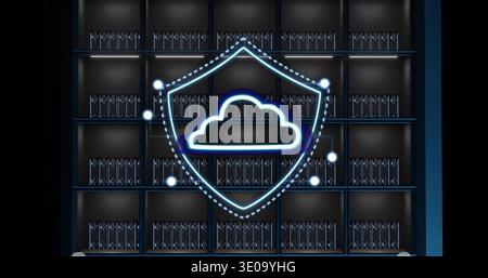 Displaying neon security shield hovering over servers in data center, cloud icon, LEDs, blue light Stock Photo