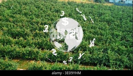 Hovering wireframe globe orbiting currency icons over orchard rows and grass paths, near barns Stock Photo