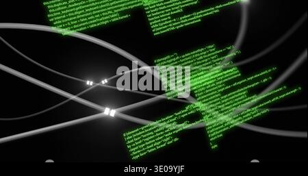 Curving metallic cables overlapping in dark void, emitting white connectors and floating green code Stock Photo